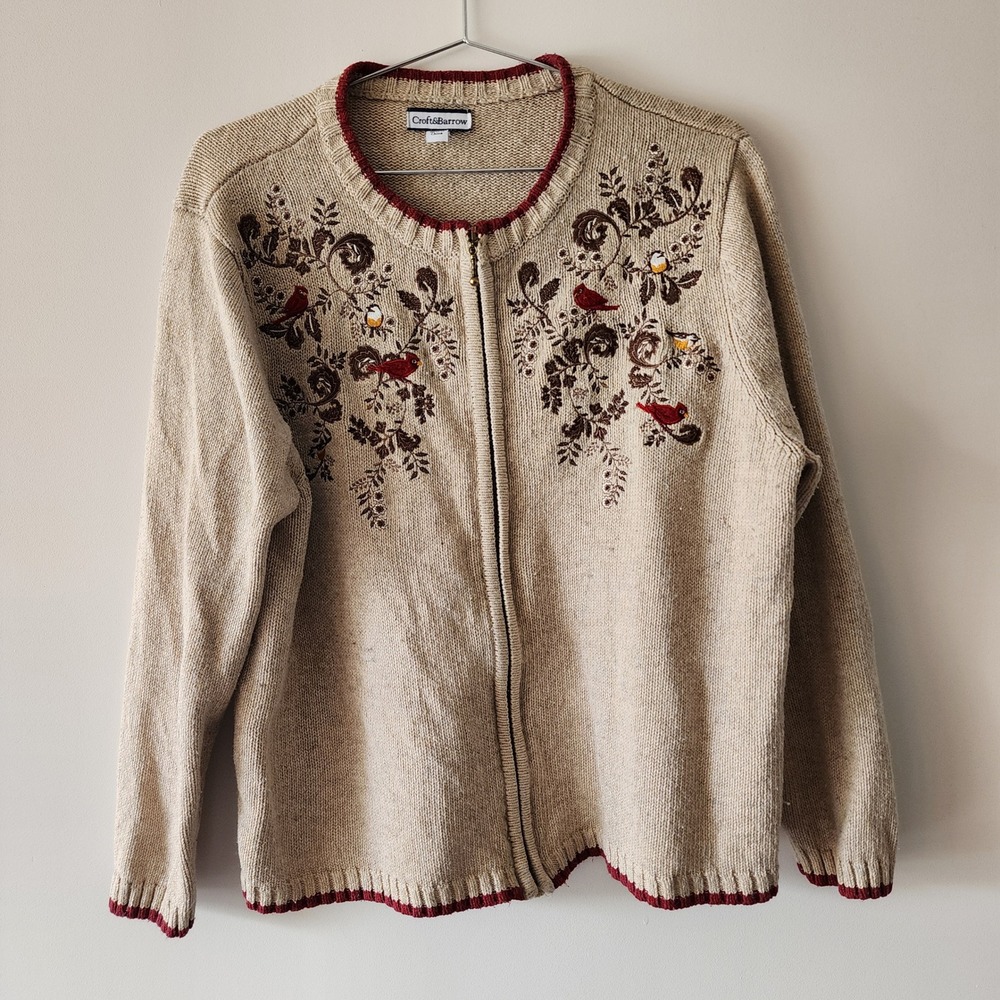 Croft & Barrow Cardigan Womens PL Beige Cardinal Embroidered Zip Up Nature Knit